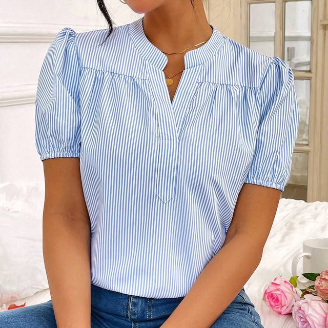 Chiquease Puff Short Sleeve Striped Blouse With Notched Collar
