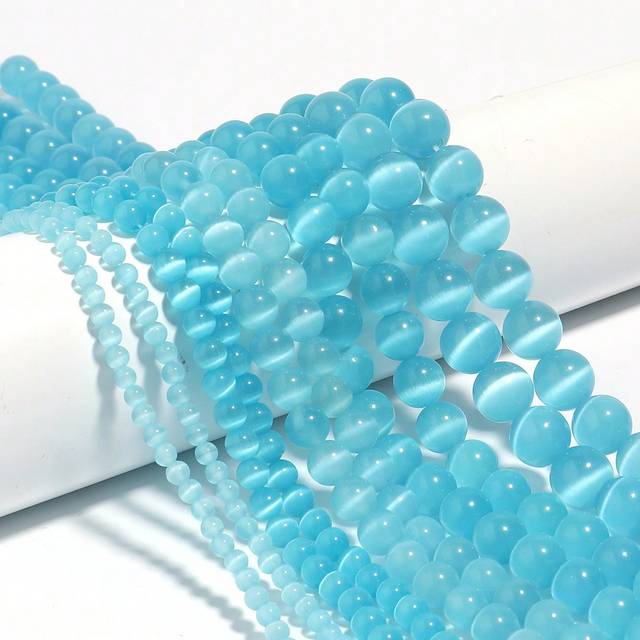 SHEIN 1strand Lake Blue Cat Eye Beads Loose Beads For Diy Necklace, Bracelet, Jewelry Making