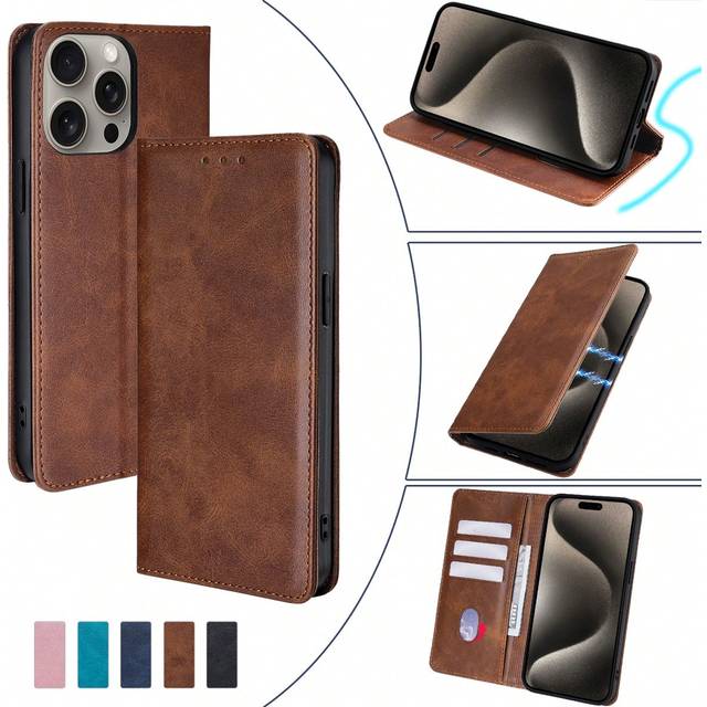 Kalvstruktur Korthållare Stativ Plånboksfodral Flipfodral Kompatibelt med 14 Pro Max/16E, Galaxy A34 5G, Galaxy Note20, Galaxy S20 FE, POCO X4PRO 5G, - Brun (Multi-size)