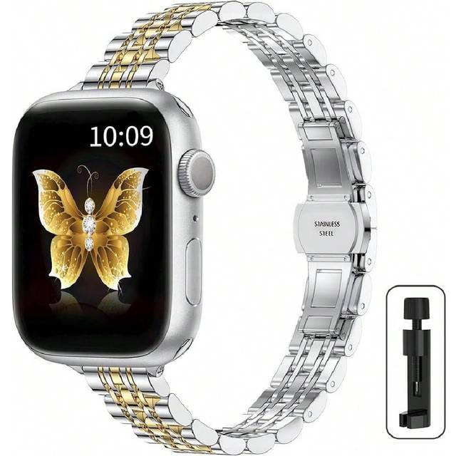 1 st unisex ultratunt metallband i rostfritt stål kompatibelt med Apple Watch Ultra/SE/Series 9/8/7/6/5/4/3/2/1 38/40/41/42/44/45/49 mm, andas bekvämt - guld mellan silver (38mm/40mm/41mm,42mm/44mm/45mm/49mm,For Apple Watch Series 10 42mm,For Apple Watch Series 10 46mm)