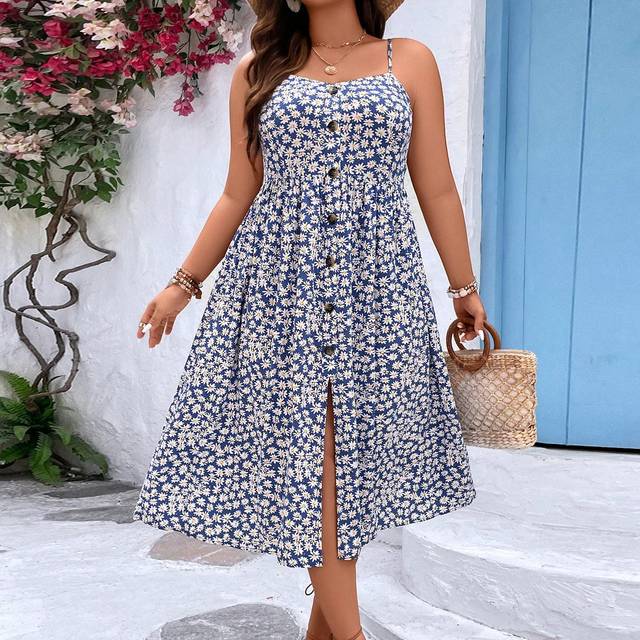 Breezaya Plus Ditsy Floral Print Button Front Cami Dress Maxi Women Outfit