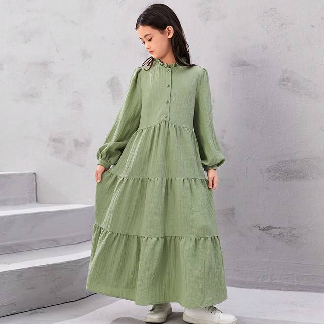 SHEIN Tween Girl Lotus Leaf Collar Texture A-Line Long Dress With Long Sleeves