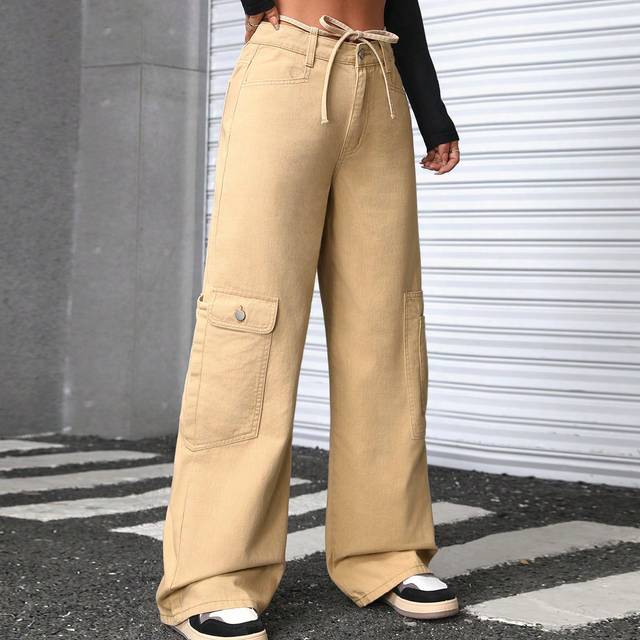 Kvinnors Enfärgad Bälte Cargo Jeans - Kamel (26,27,28,30,32)