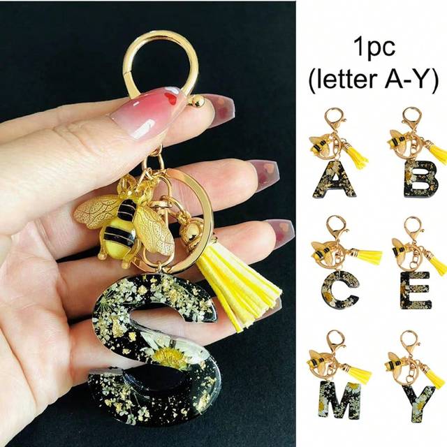 SHEIN 1pc A-Y Alphabet Initial Letter Keychain Cute Daisy Flower Bee Resin Key Chain Ring Bag Backpack Charm Car Hanging Pendant Women Girls Gift,Valentine&#39;