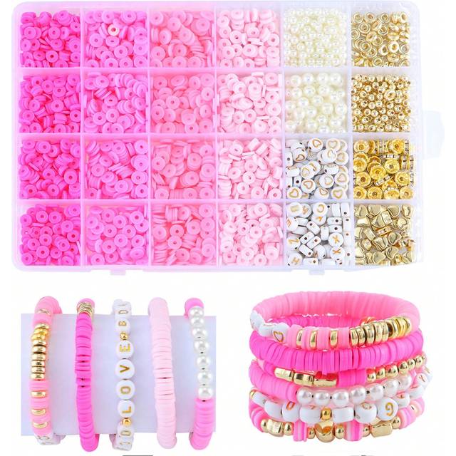 SHEIN 2400pcs/Kit Clay Bead Set Valentine&#39;S Day Pink Style For DIY Bracelet Making Kit With Faux Pearl Letter Ccb Beads Mixed Color Polymer Clay Bead Flat B