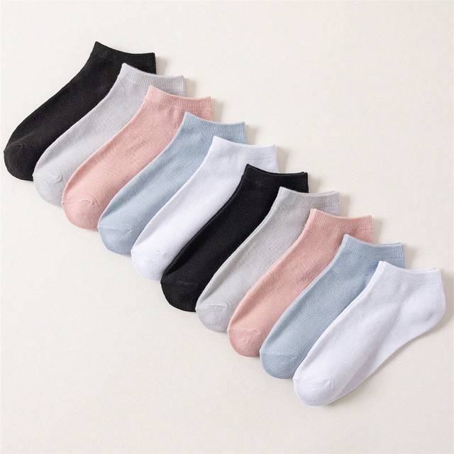SHEIN 10 Pairs Solid Color Candy-Colored Flat Simple All-Match Ins Style Lovely Breathable Anti-Odor Women&#39;s Short Socks