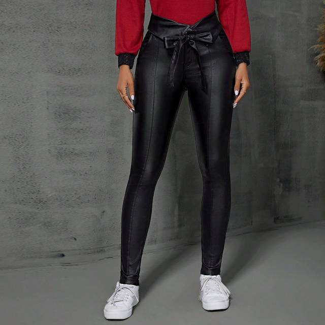 Moderiktiga Casual Enfärgade Skinny-byxor med midjeknutna midjeband med vikbart midjeband - Svart (26,27,28,30,32)