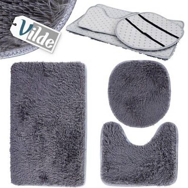 Set of 3 soft gray bathroom rugs incl. toilet seat cover
