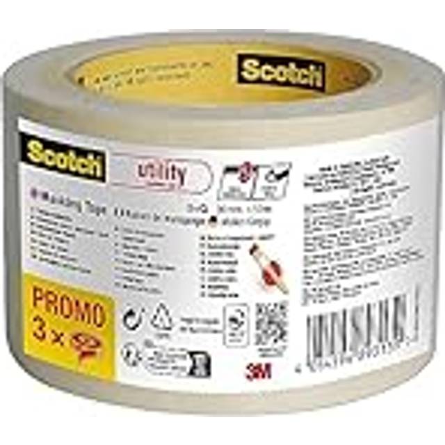 Scotch Utility Masking Tape, Promo Pack of 3 Rolls, 30 mm x 50 m, Beige - Painters Masking Tape for Indoor Painting and Decorating, 70% PEFC