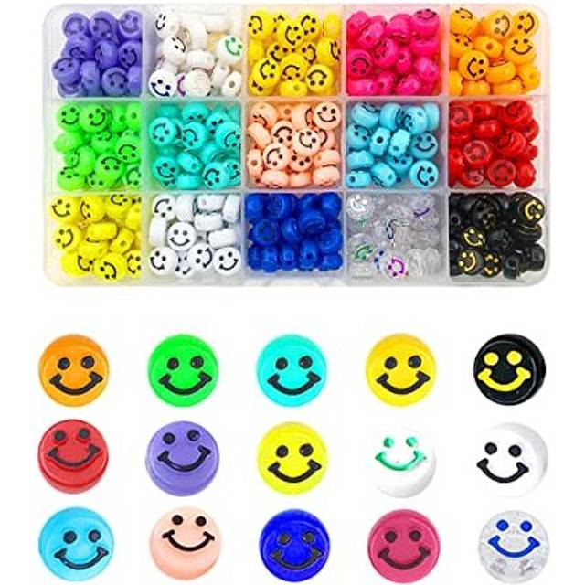 300 Pieces Smiley Face Beads Colorful Acrylic Flat Round Loose Beads for DIY Jewelry Making Bracelet Necklace Jewelry Supplies 10mm