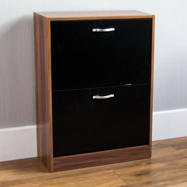 Vida Designs Walnut and Black 2 Drawer Shoe Cabinet - Multi - 80 x 60 x 24cm