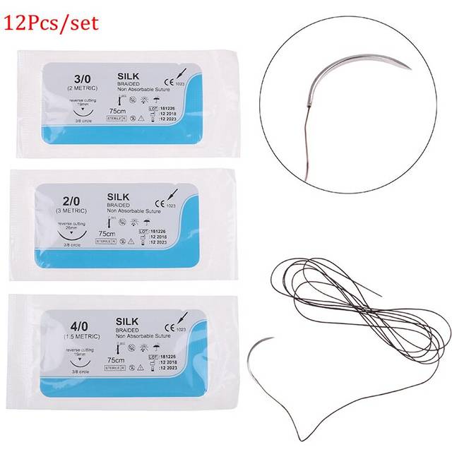 12PCS 75cm 2/0 3/0 4/0 Dental Surgical Needle Silk Medical Thread Suture Surgical Practice Kit