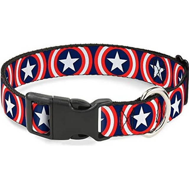 "Buckle-Down Marvel Universe Captain America Shield Repeat Navy Plastic Clip Collar, Large/15-26"""