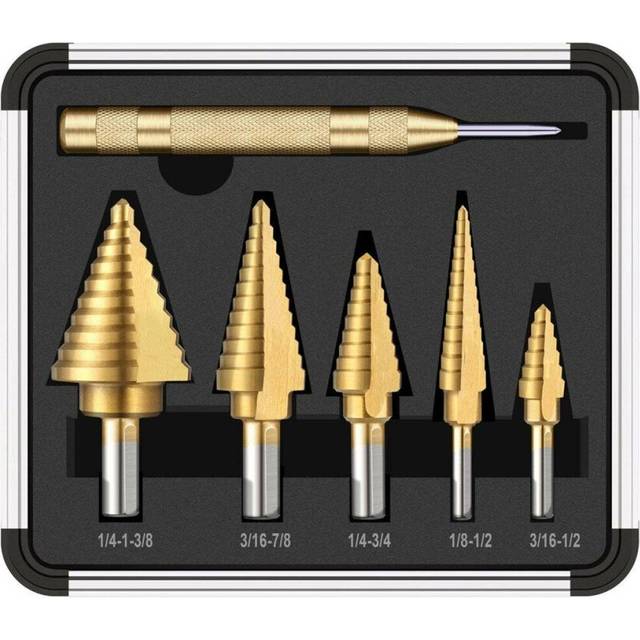 6Pcs HSS Titanium Coated Step Drill Bit With Center Punch Drill Set Hole Cutter Drilling Tool