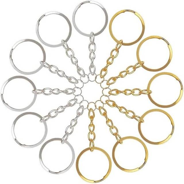 Split Metal Keyrings Key Ring with Chain, 50 Pcs Keyring with Link Chain and Jump Rings Key Chains (Gold+Silver)