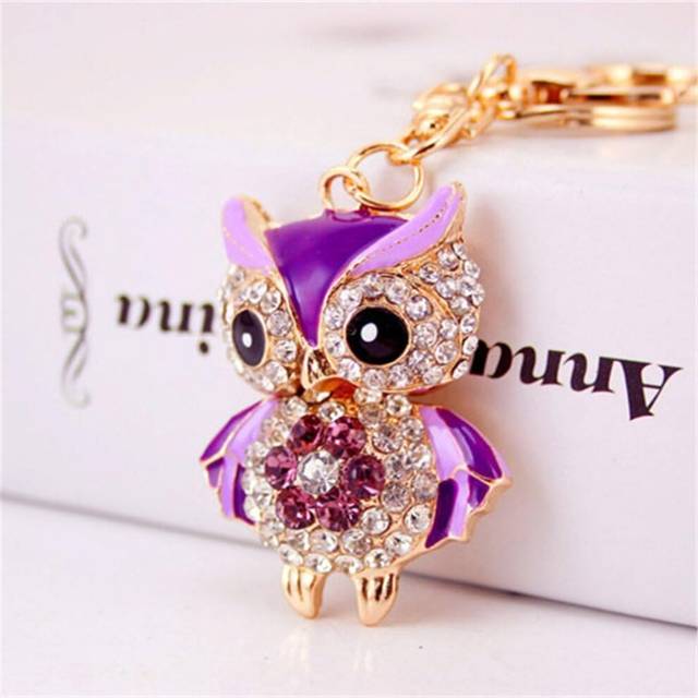 1pcs Bling Rhinestone Cute Blue Owl Metal Keychain Keyring (Purple)
