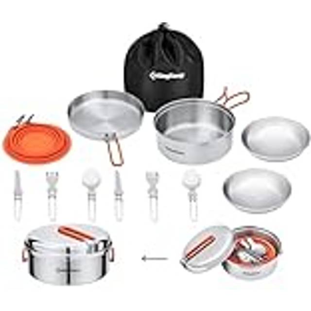 KingCamp Camping köksredskap set servis rostfritt stål röra kit kastrull panna tallrik sked gaffel kniv karbinhakar resor köksredskap utomhus vandring picknick 17 delar för 2 personer