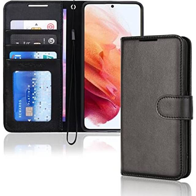 (Black) Samsung Galaxy S21 FE 5G Leather Wallet Case, Flip Protective Cover with Wallet Card Holder, Stand and Wrist Strap - PU Leather with Magnetic
