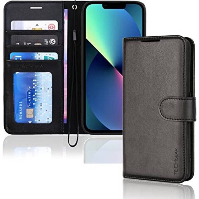 (Black) iPhone 14 Plus Leather Wallet Case, Flip Protective Case Cover with Wallet Card Holder, Stand and Wrist Strap - PU Leather with Magnetic Closu