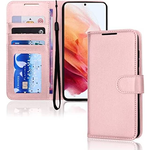 (Pink) Samsung Galaxy S21 FE 5G Leather Wallet Case, Flip Protective Cover with Wallet Card Holder, Stand and Wrist Strap - PU Leather with Magnetic C