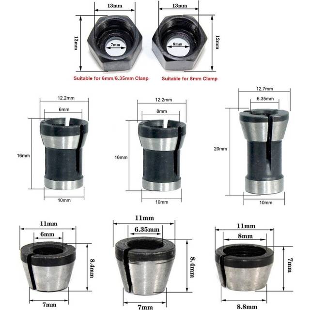 (8Pcs/Set) 6mm/6.35mm/8mm Collet Chuck Adapter Engraving Trimming Machine Electric Router Collet Chuck For Machinery Manufacturing Woodworking Cutter