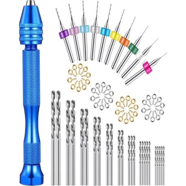 Hand Drill with 25pcs Twist Drill Bits and 10pcs 0.3-1.2mm PCB Drill 40pcs Claw Nails Handle Clamp for Craft Carving DIY