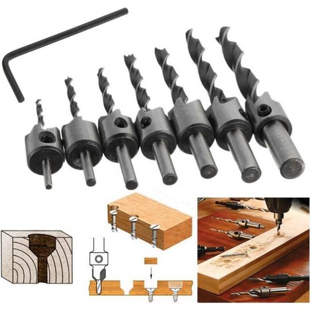 7pcs 3mm-10mm 5 Flutes Countersink Drill Bit Set HSS Carpentry Reamer Woodworking Chamfer