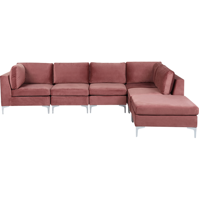 Beliani Left Hand 5 Seater Modular Velvet Corner Sofa With Ottoman Pink Evja, Pink