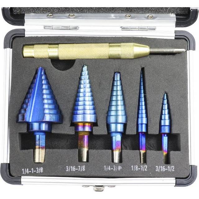 6Pcs HSS Nano Blue Coated Step Drill Bit With Center Punch Set Hole Cutter Drilling Tool