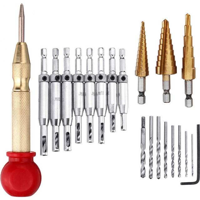 21Pcs Self-Centering Hinge Tapper Core Drill Bit Step Set with Automatic Center Punch for Adjustable Door Window Spring Loaded Metal