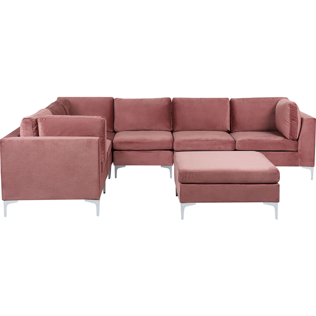 Beliani Right Hand 6 Seater Modular Velvet Corner Sofa With Ottoman Pink Evja, Pink