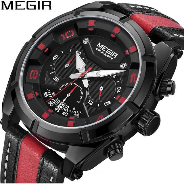 MEGIR Chronograph Sport Watch Men Quartz Wristwatches Clock Fashion Leather Army Military Watches Hour Time Relogio Masculino red