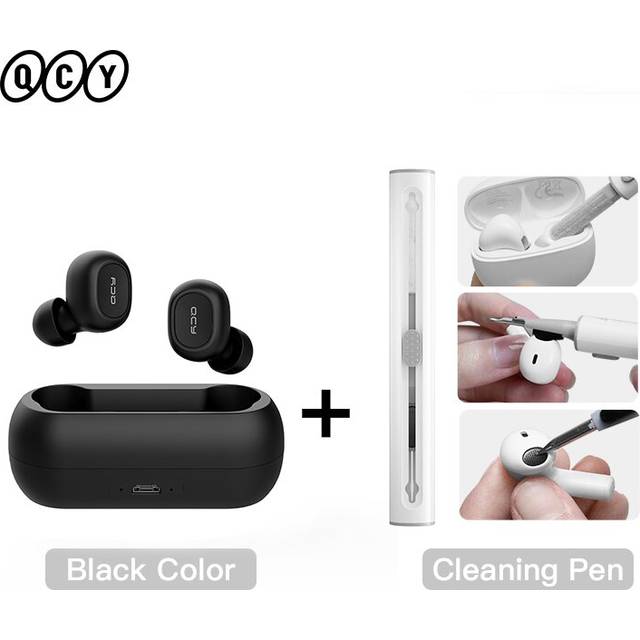 (a-T1C Black with Pen) QCY T1C Bluetooth 5.0 Earphones Wireless 3D Stereo TWS Headphones with Dual Microphones Headset HD Call Earbuds Customizing APP