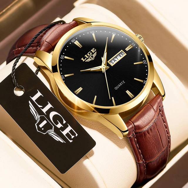LIGE Top Brand Watch Men Leather Business Date Clock Waterproof Luminous Watches Mens Luxury Sport Waterproof Quartz Wrist Watch gold/black