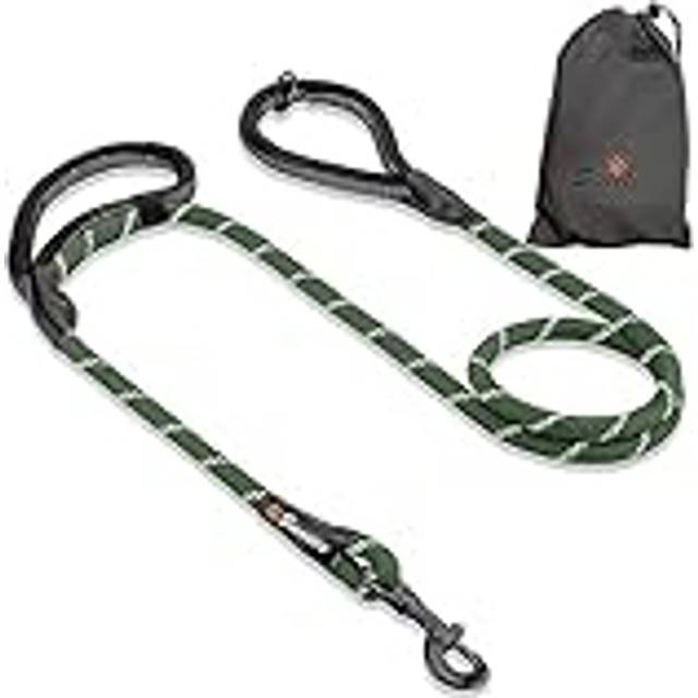 Rope Dog Lead, Green Strong Leash, 2 Padded Handles 5 FT - Medium, Large Dogs - Reflective, Weather Resistant.