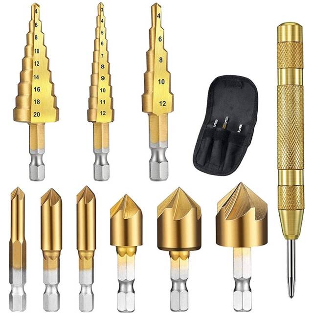 10pcs Step Drill Bit Set 1/4 Inch Hex Shank 5 Flute Countersink with Automatic Center Punch