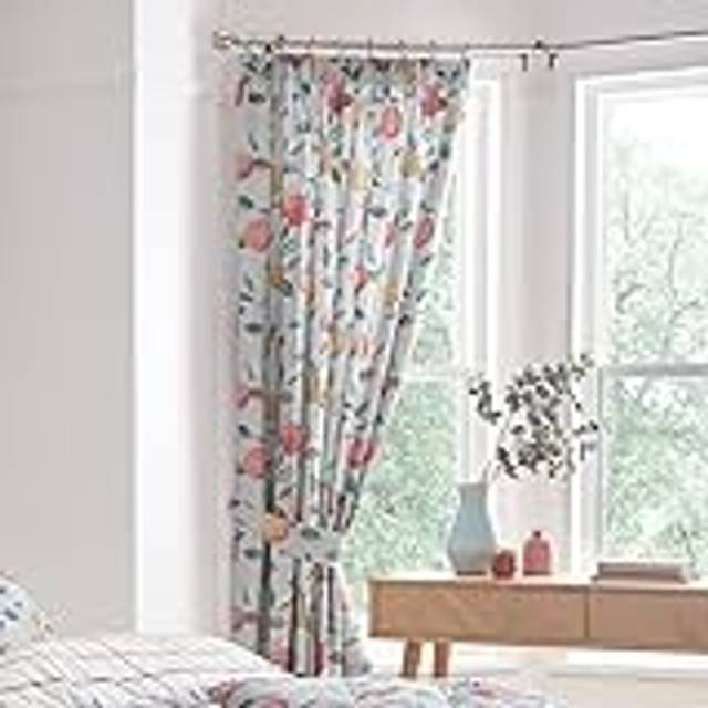 'Botanical' Fruit Lined Pair of Pencil Pleat Curtains - Green - 167cm width x 183cm drop