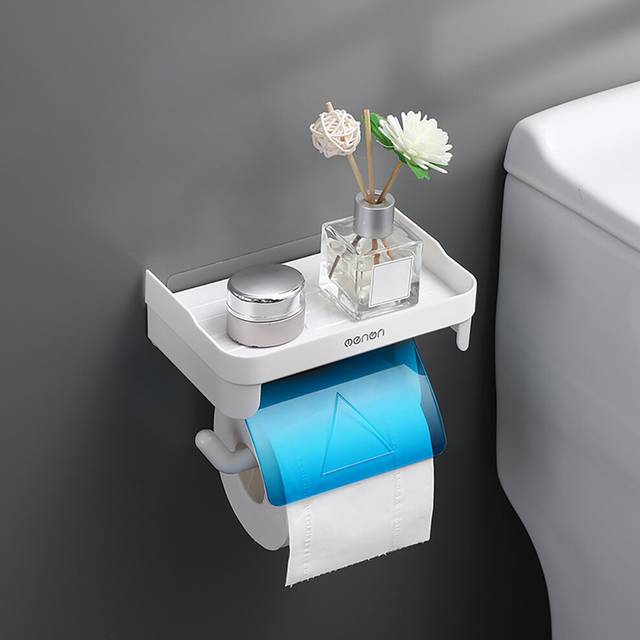 (a-Blue Paper Holder) Self Adhesive Toilet Paper Holder with Phone Shelf Wall Mounted Tissue Roll Storage Dispenser for Bathroom Washroom Organizer