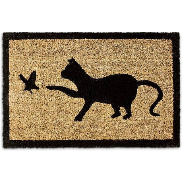 Relaxdays Coir Doormat CAT 40 x 60 cm of a Cat and a Bird Welcome Mat Anti-Slip Rubber PVC Underside, Brown