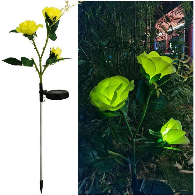 (Yellow) 2PCS LED Power Flower Lamp Party Solar Rose Lights Outdoor Garden Decoration