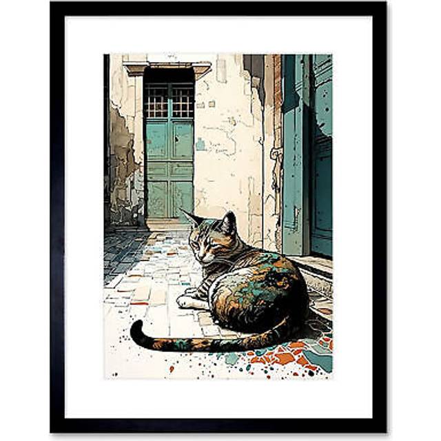 Wall Art Print Street Cat Sunbathing on Cobblestone Street Modern Artwork Framed 9X7 Inch - Black - W7 inch x H9 inch