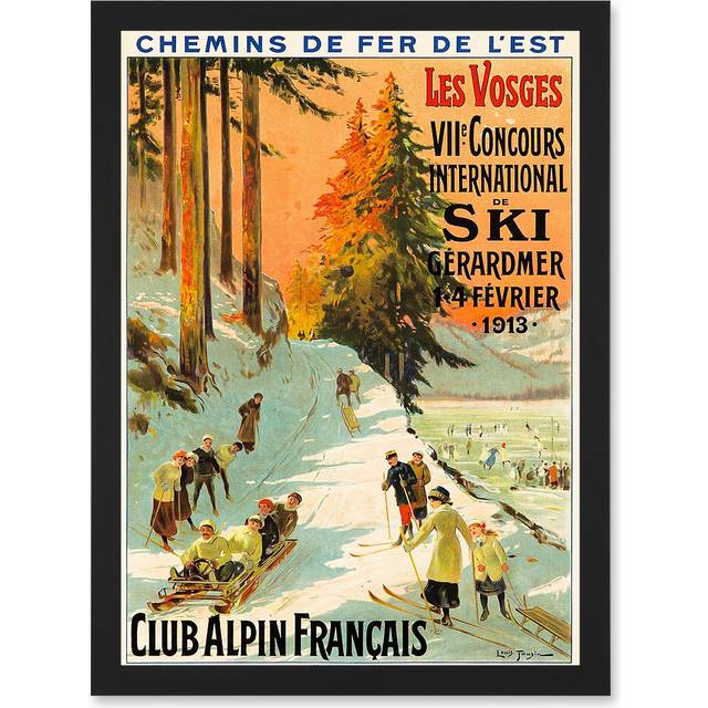 Advert Ski Contest Vosges France Alpine Club Winter Sport A4 Artwork Framed Wall Art Print - Black - One Size