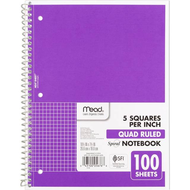 Mead Spiral Notebook  1-Subject  Graph Ruled Paper  7-1/2  x 10-1/2   100 Sheets  Purple 05676BA7