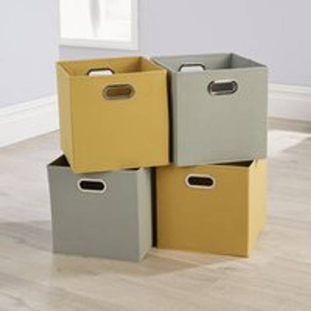 Fold Non Woven 2 Soft Grey 2 Yellow Square Utility Storage Box Fabric Cube 4pc