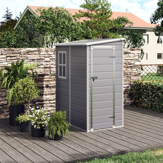 Asjha 5ft.W x 4ft. D Plastic Pent Tool Shed - Grey (149.8cm W X 122cm D X 192.5cm H)