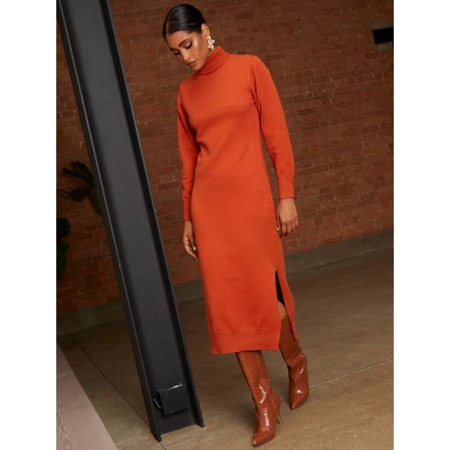 Oversized Roll Neck Knitted Dress in Burnt Orange - S