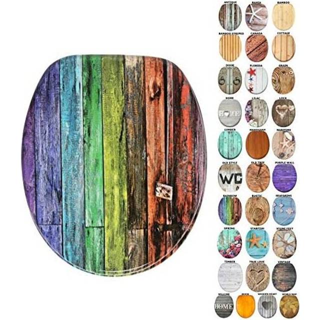 Soft Close Toilet Seat | Wide Choice of Wooden Toilet Seats | Stable Hinges | Easy to Mount (Rainbow)