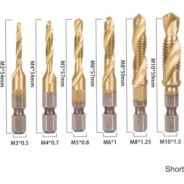 (Six-piece Set Titanium Plated Short Type) 6Pcs 1/4 Inch M3-M10 Screw Tap HSS Combination Drill Tap Bit Set Hex Shank Deburr Countersink Bits