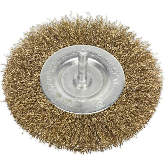 100mm Flat Wire Brush - Brassed Steel Filaments - 6mm Shaft - Up to 4500 rpm