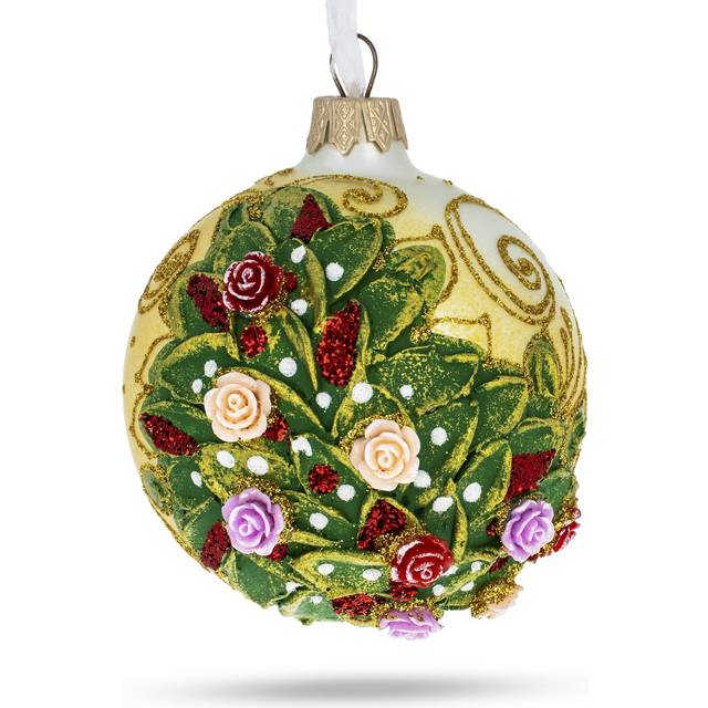 Elegant Embossed Roses Bouquet on Pristine White Blown Glass Ball Christmas Ornament 3.25 Inches